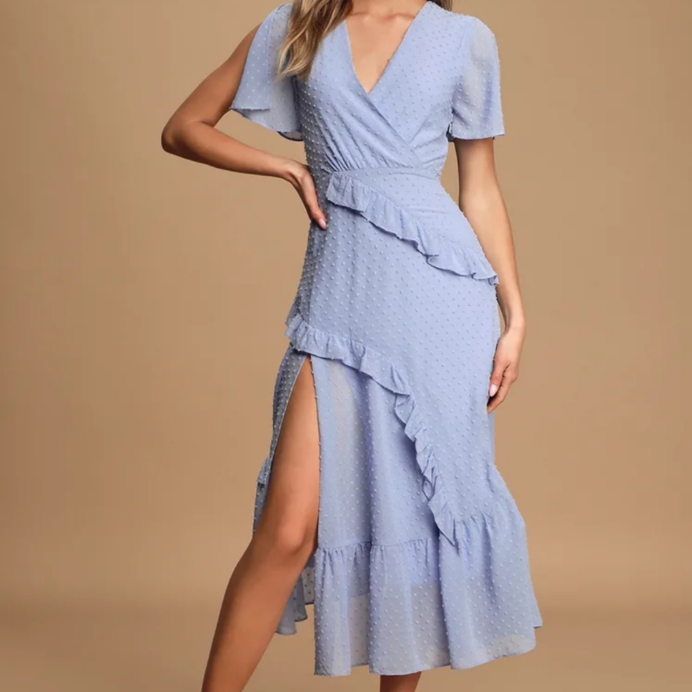 NWOT LuLus Next To You Periwinkle Blue Swiss Dot Ruffled Mini Dress Size L Large